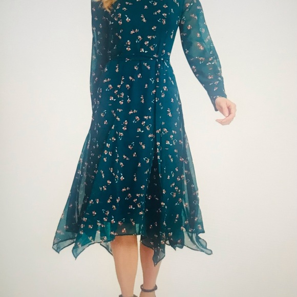 DKNY-DONNA KAREN Dress Handkerchief Hem High Neck Belted Green Floral Sz 16 - Picture 4 of 13